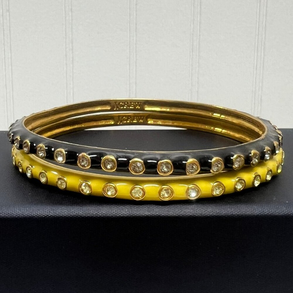 J Crew Black & Yellow Enamel Bangle Bracelets Studded with Rhinestones -Set of 2